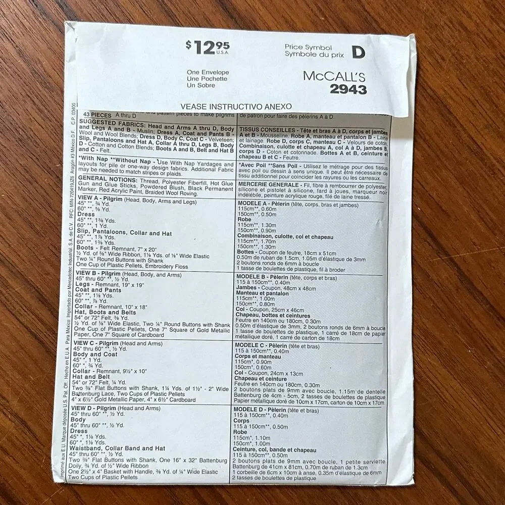 UNCUT McCall's Pattern 2943 Pilgrim Doll